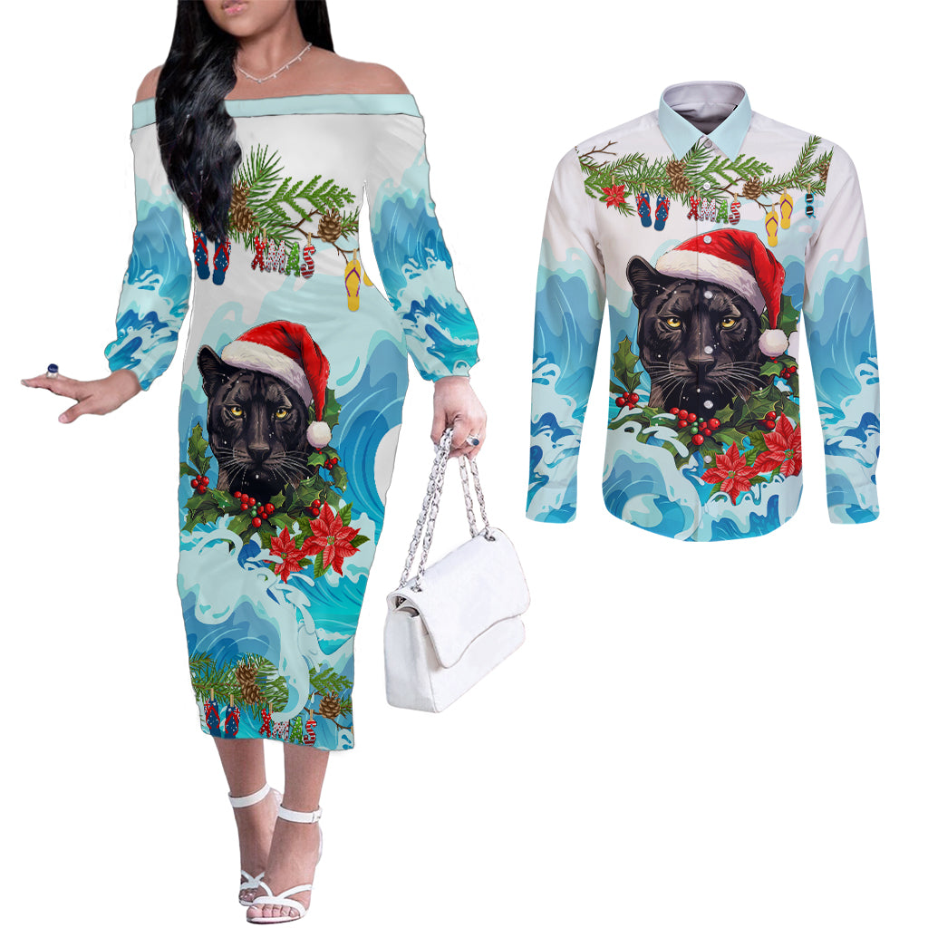 personalised-australia-panthers-christmas-couples-matching-off-the-shoulder-long-sleeve-dress-and-long-sleeve-button-shirt-merry-and-bright-breaking-wave