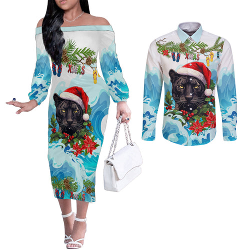 personalised-australia-panthers-christmas-couples-matching-off-the-shoulder-long-sleeve-dress-and-long-sleeve-button-shirt-merry-and-bright-breaking-wave