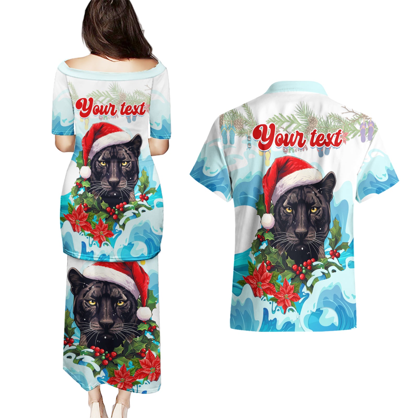 personalised-australia-panthers-christmas-couples-matching-puletasi-dress-and-hawaiian-shirt-merry-and-bright-breaking-wave