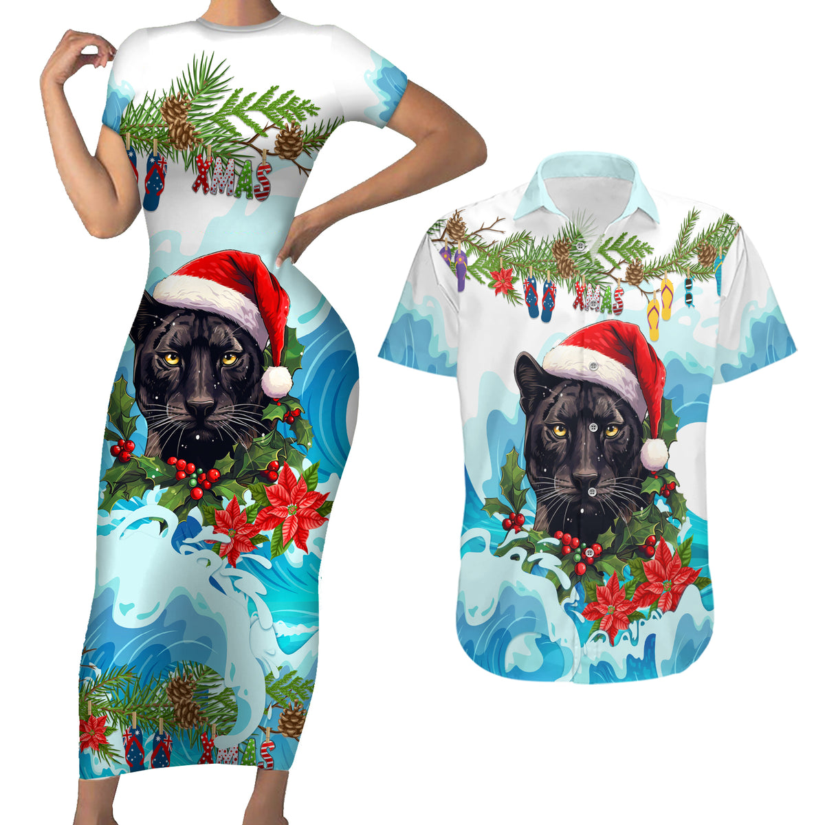 personalised-australia-panthers-christmas-couples-matching-short-sleeve-bodycon-dress-and-hawaiian-shirt-merry-and-bright-breaking-wave
