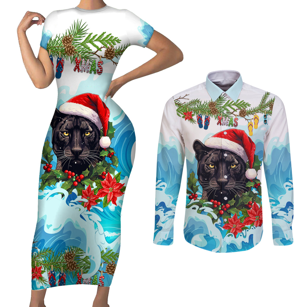 personalised-australia-panthers-christmas-couples-matching-short-sleeve-bodycon-dress-and-long-sleeve-button-shirt-merry-and-bright-breaking-wave