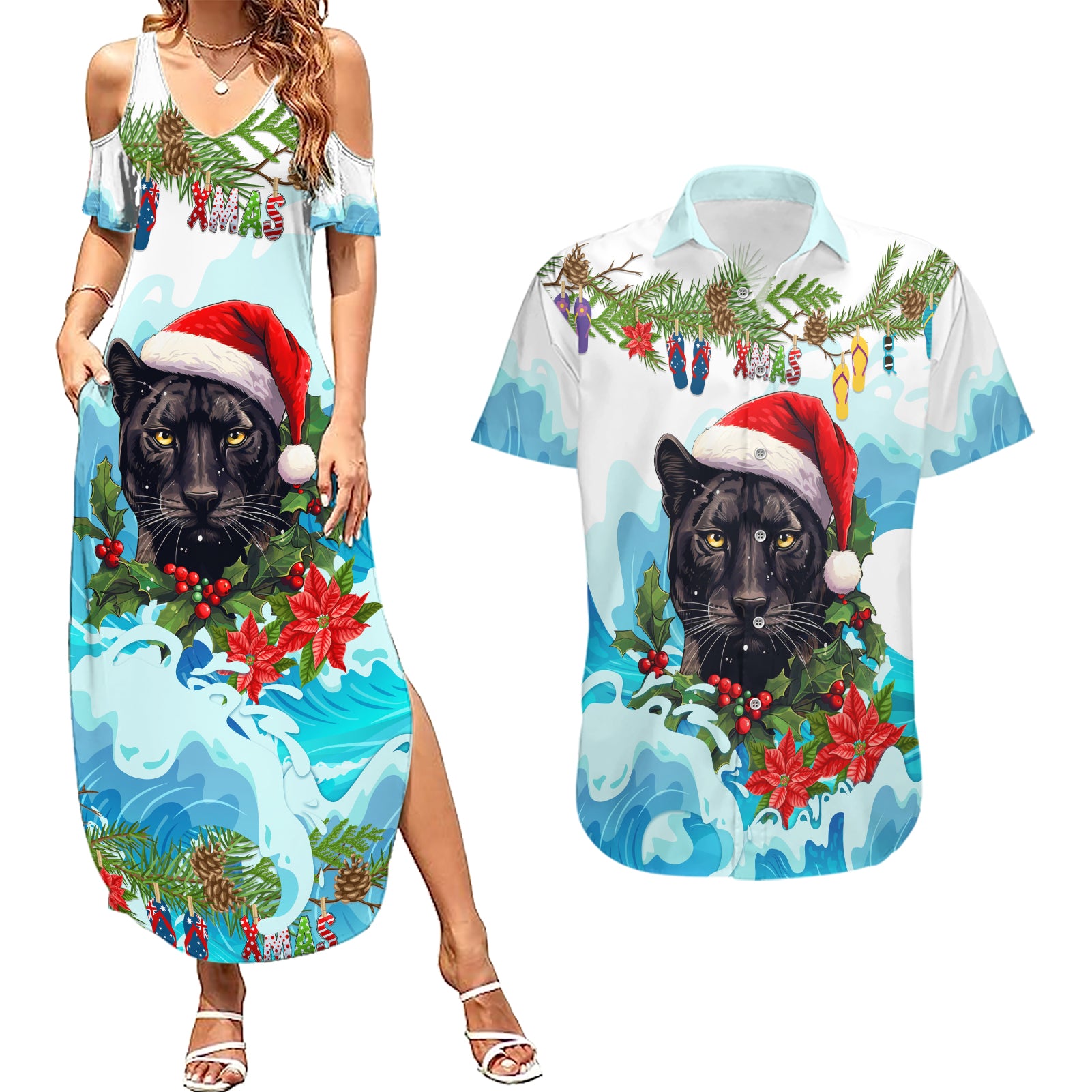 personalised-australia-panthers-christmas-couples-matching-summer-maxi-dress-and-hawaiian-shirt-merry-and-bright-breaking-wave