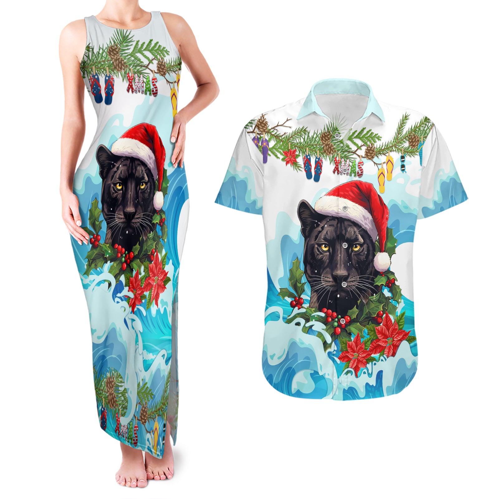 personalised-australia-panthers-christmas-couples-matching-tank-maxi-dress-and-hawaiian-shirt-merry-and-bright-breaking-wave