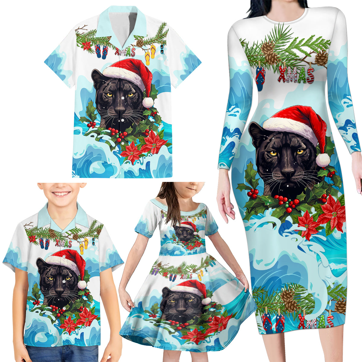 personalised-australia-panthers-christmas-family-matching-long-sleeve-bodycon-dress-and-hawaiian-shirt-merry-and-bright-breaking-wave