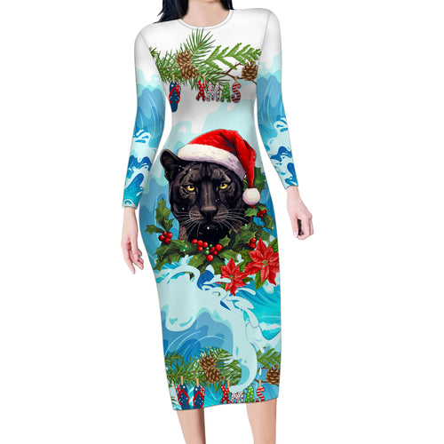 personalised-australia-panthers-christmas-family-matching-long-sleeve-bodycon-dress-and-hawaiian-shirt-merry-and-bright-breaking-wave