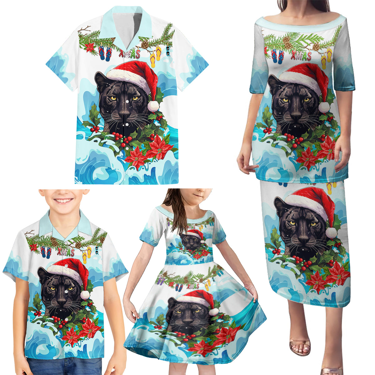 personalised-australia-panthers-christmas-family-matching-puletasi-dress-and-hawaiian-shirt-merry-and-bright-breaking-wave