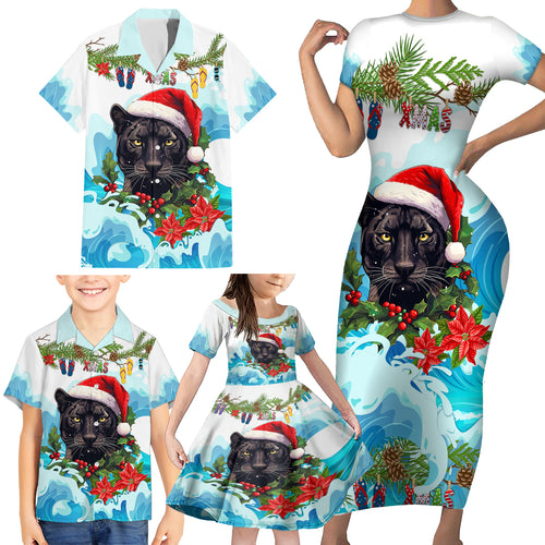 personalised-australia-panthers-christmas-family-matching-short-sleeve-bodycon-dress-and-hawaiian-shirt-merry-and-bright-breaking-wave