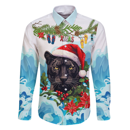 personalised-australia-panthers-christmas-family-matching-short-sleeve-bodycon-dress-and-hawaiian-shirt-merry-and-bright-breaking-wave