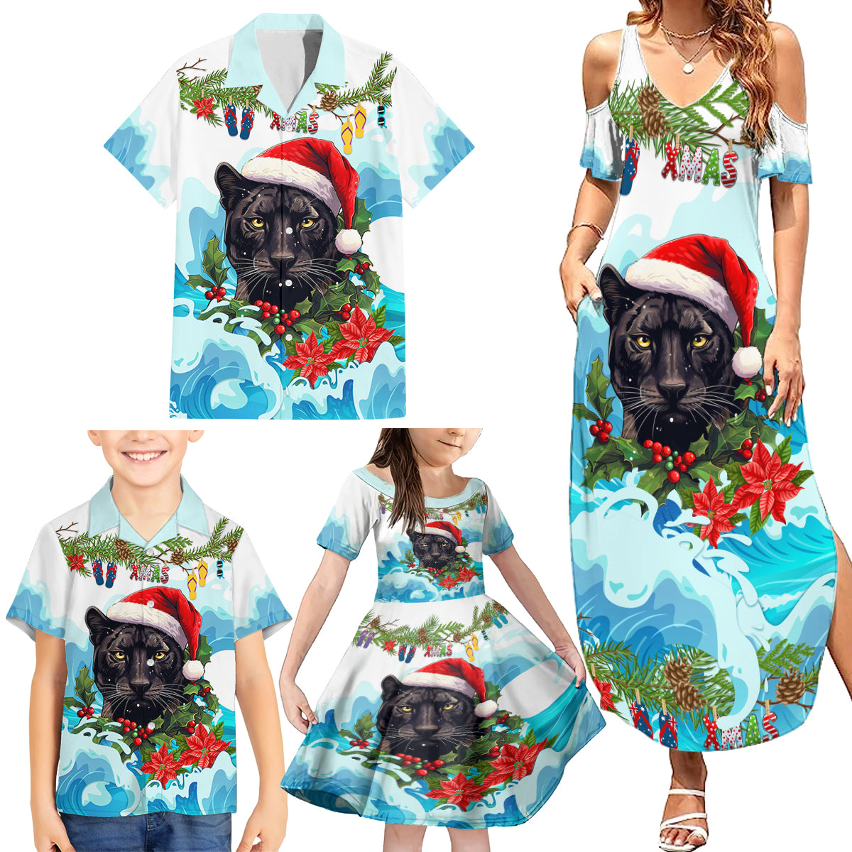 personalised-australia-panthers-christmas-family-matching-summer-maxi-dress-and-hawaiian-shirt-merry-and-bright-breaking-wave
