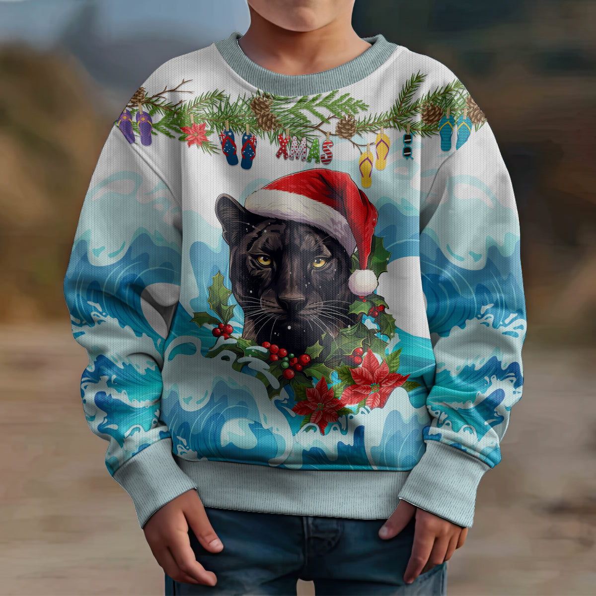 personalised-australia-panthers-christmas-kid-ugly-christmas-sweater-merry-and-bright-breaking-wave