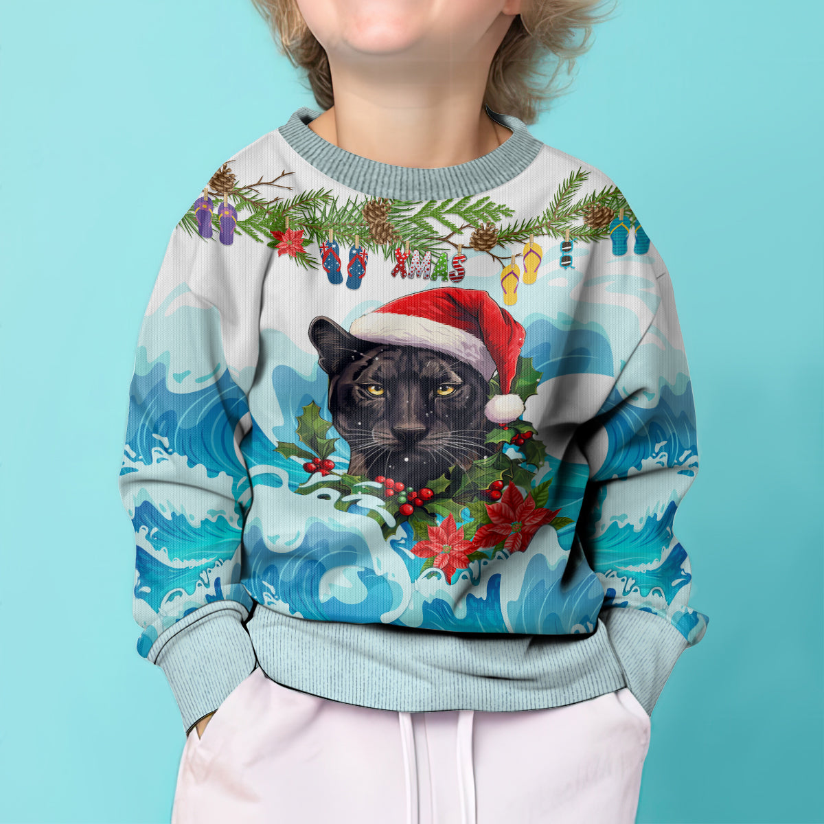 personalised-australia-panthers-christmas-kid-ugly-christmas-sweater-merry-and-bright-breaking-wave