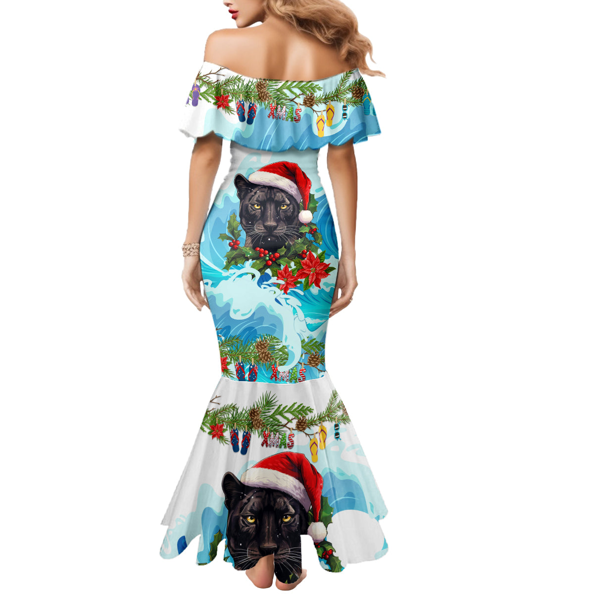 personalised-australia-panthers-christmas-mermaid-dress-merry-and-bright-breaking-wave