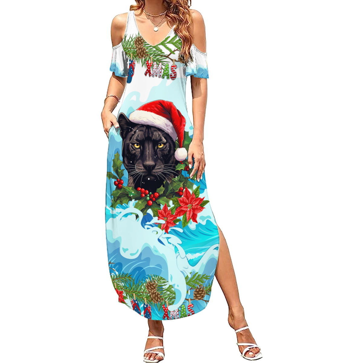 personalised-australia-panthers-christmas-summer-maxi-dress-merry-and-bright-breaking-wave