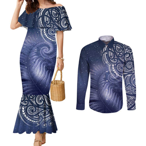 New Zealand Galaxy Fern Couples Matching Mermaid Dress and Long Sleeve Button Shirt