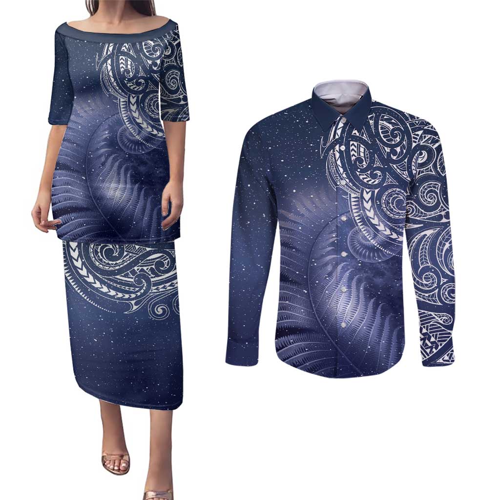 New Zealand Galaxy Fern Couples Matching Puletasi and Long Sleeve Button Shirt
