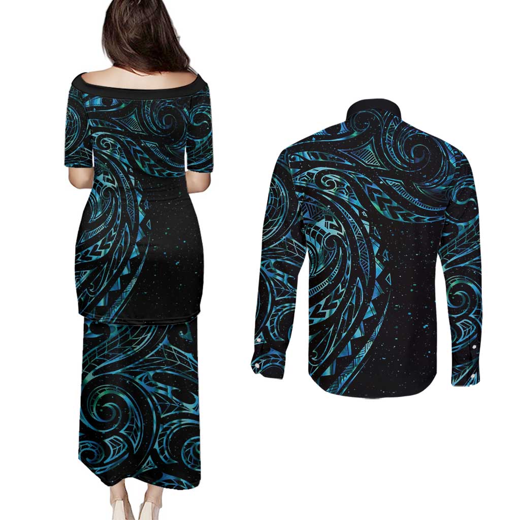 New Zealand Tribal Tattoo Couples Matching Puletasi and Long Sleeve Button Shirt With Matariki Art