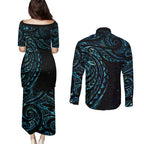 New Zealand Tribal Tattoo Couples Matching Puletasi and Long Sleeve Button Shirt With Matariki Art