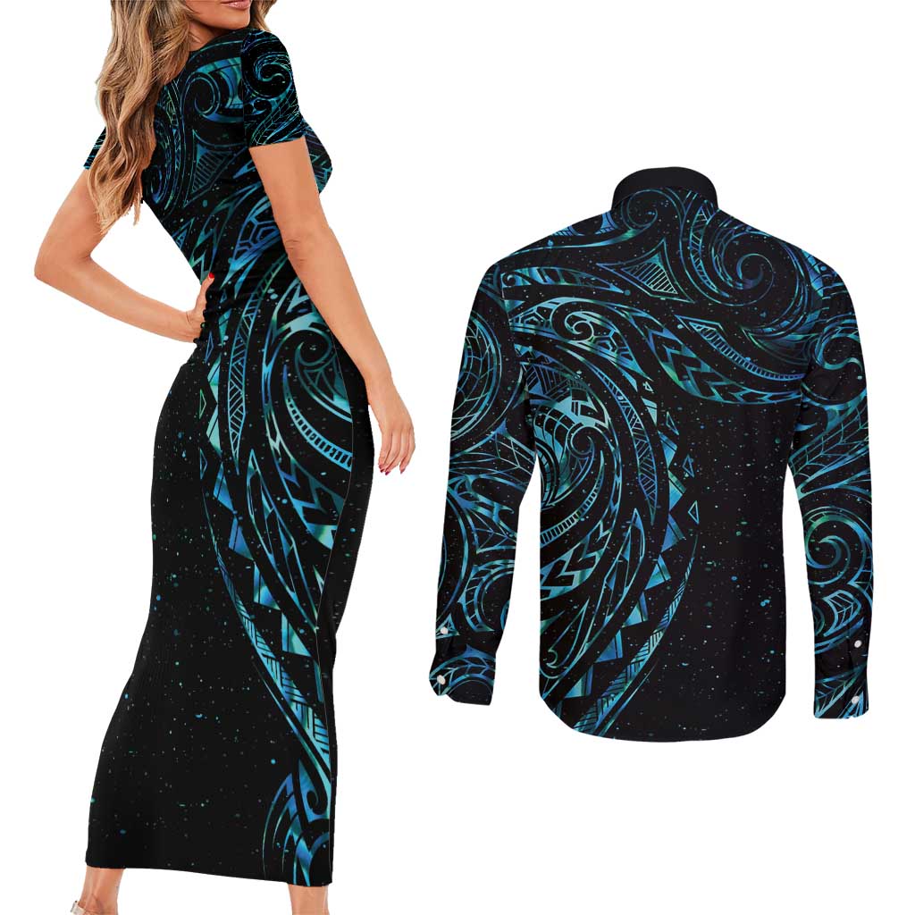 New Zealand Tribal Tattoo Couples Matching Short Sleeve Bodycon Dress and Long Sleeve Button Shirt With Matariki Art