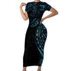 New Zealand Tribal Tattoo Short Sleeve Bodycon Dress With Matariki Art