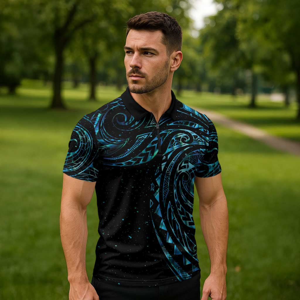 New Zealand Matariki Zipper Polo Shirt Galaxy Maori Tribal Tattoo - Aussie Hoodie