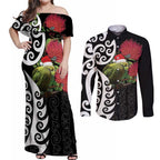 New Zealand Kakapo Christmas Couples Matching Off Shoulder Maxi Dress and Long Sleeve Button Shirt Meri Kirihimete Pohutukawa Flowers