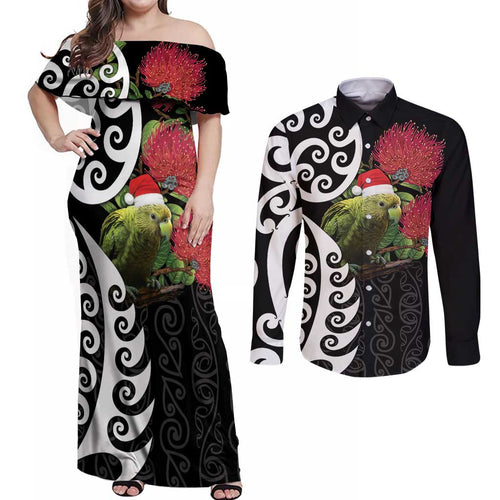 New Zealand Kakapo Christmas Couples Matching Off Shoulder Maxi Dress and Long Sleeve Button Shirt Meri Kirihimete Pohutukawa Flowers