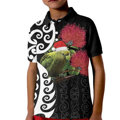 New Zealand Kakapo Christmas Kid Polo Shirt Meri Kirihimete Pohutukawa Flowers