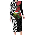 New Zealand Kakapo Christmas Long Sleeve Bodycon Dress Meri Kirihimete Pohutukawa Flowers