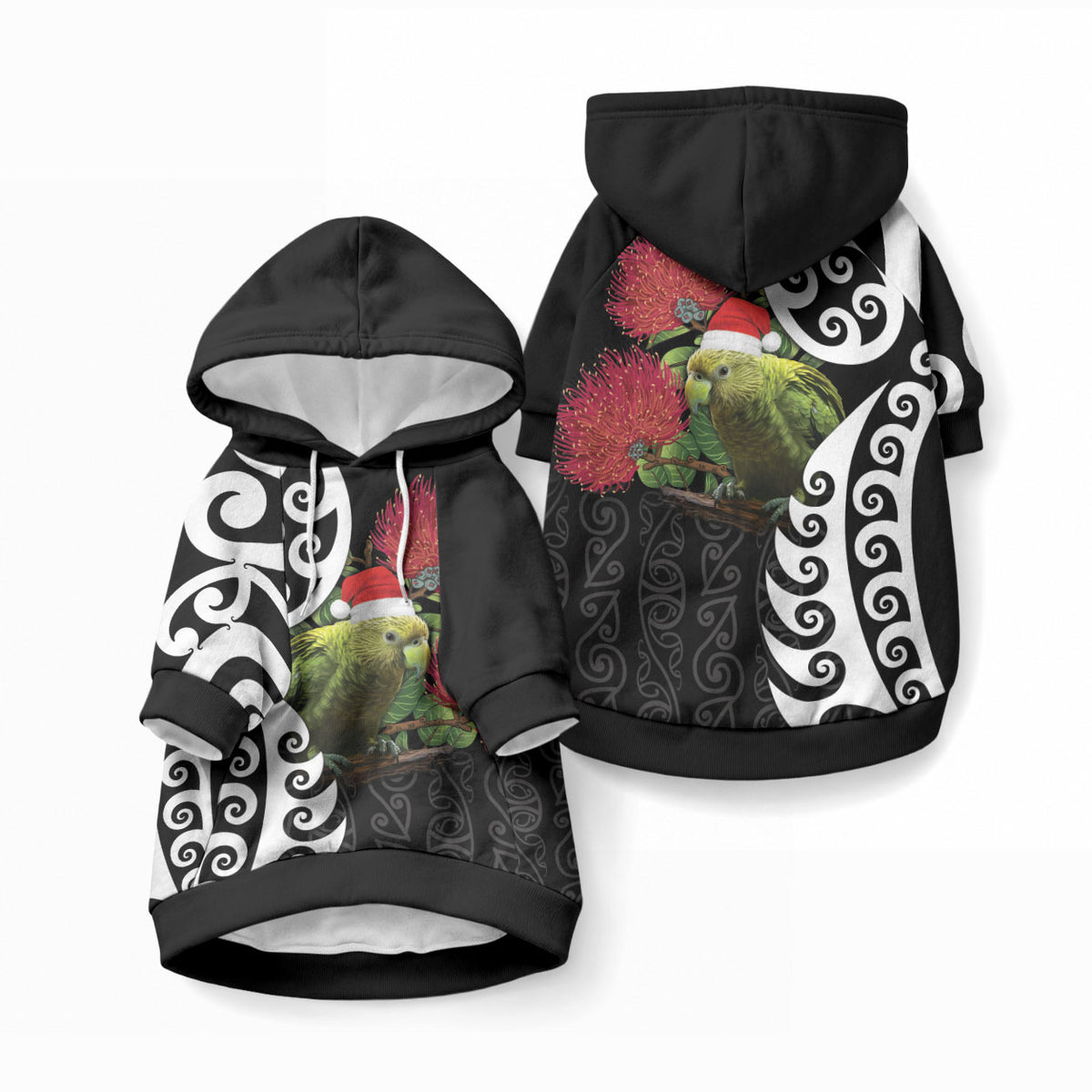 New Zealand Kakapo Christmas Pet Hoodie Meri Kirihimete Pohutukawa Flowers