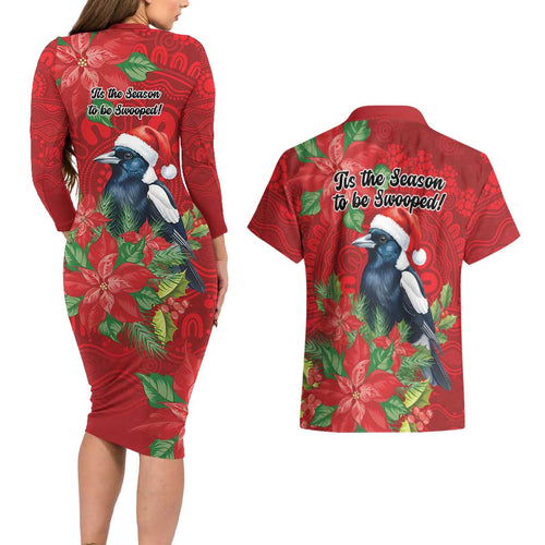Australian Magpie Couples Matching Long Sleeve Bodycon Dress and Hawaiian Shirt Aboriginal Inspired Christmas - Aussie Hoodie