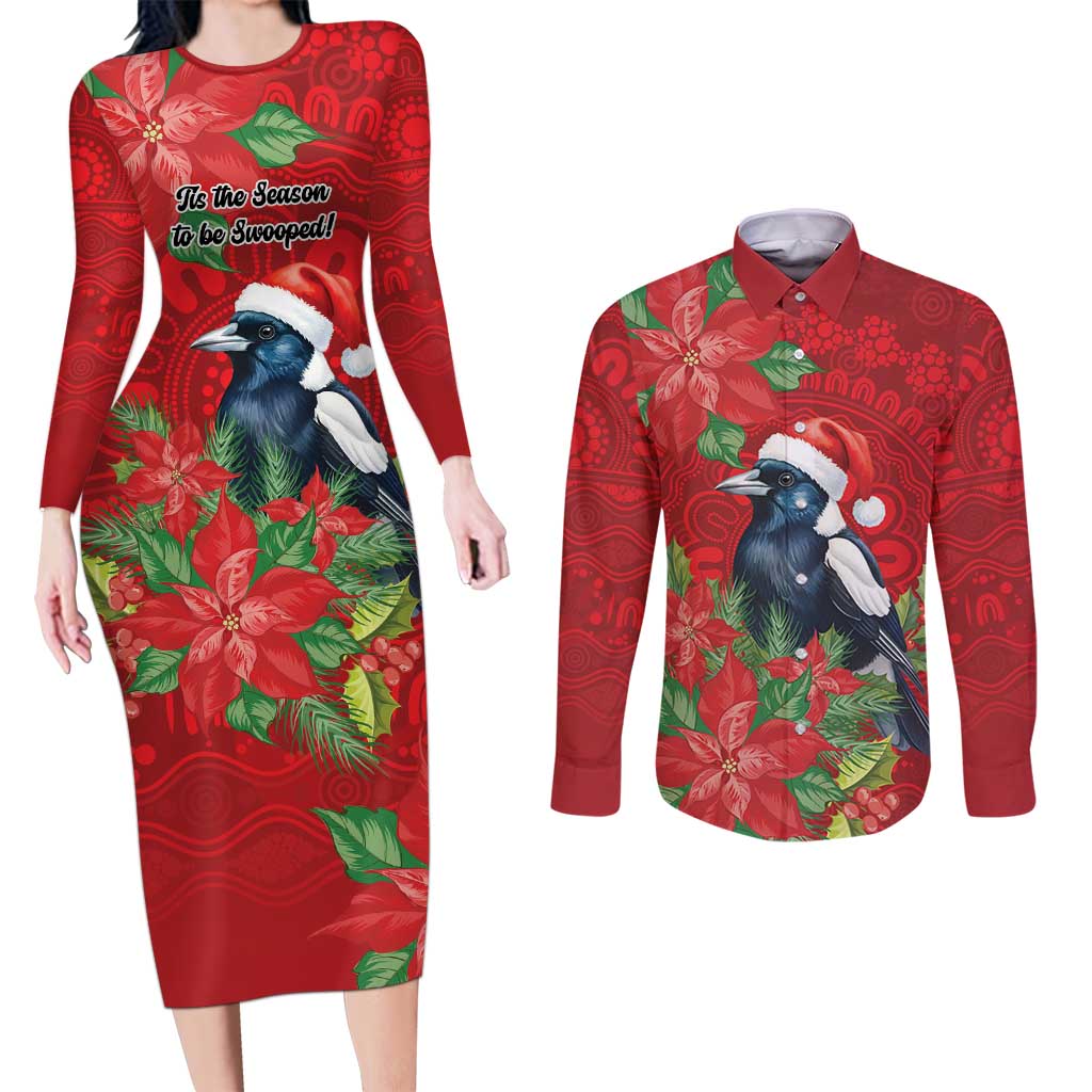 Australian Magpie Couples Matching Long Sleeve Bodycon Dress and Long Sleeve Button Shirt Aboriginal Inspired Christmas - Aussie Hoodie