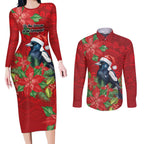 Australian Magpie Couples Matching Long Sleeve Bodycon Dress and Long Sleeve Button Shirt Aboriginal Inspired Christmas - Aussie Hoodie