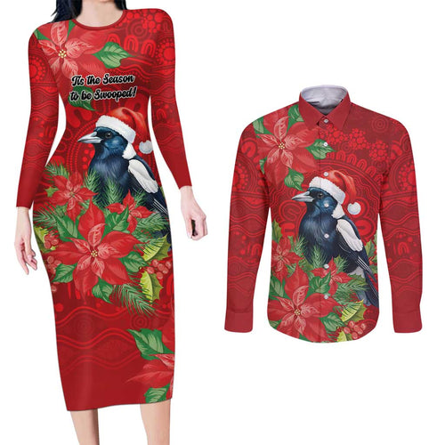 Australian Magpie Couples Matching Long Sleeve Bodycon Dress and Long Sleeve Button Shirt Aboriginal Inspired Christmas - Aussie Hoodie