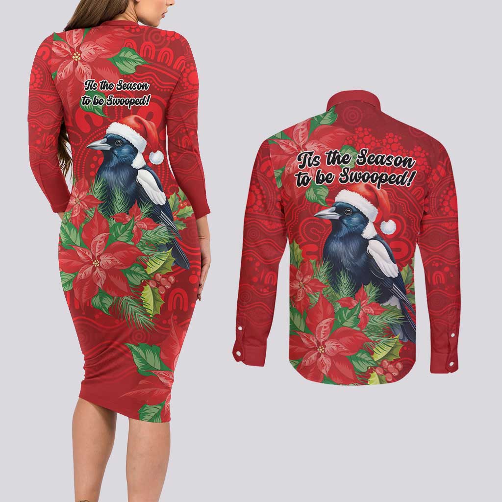 Australian Magpie Couples Matching Long Sleeve Bodycon Dress and Long Sleeve Button Shirt Aboriginal Inspired Christmas - Aussie Hoodie