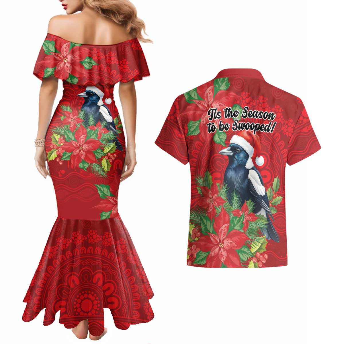 Australian Magpie Couples Matching Mermaid Dress and Hawaiian Shirt Aboriginal Inspired Christmas - Aussie Hoodie