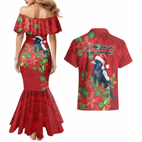Australian Magpie Couples Matching Mermaid Dress and Hawaiian Shirt Aboriginal Inspired Christmas - Aussie Hoodie