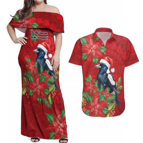 Australian Magpie Couples Matching Off Shoulder Maxi Dress and Hawaiian Shirt Aboriginal Inspired Christmas - Aussie Hoodie
