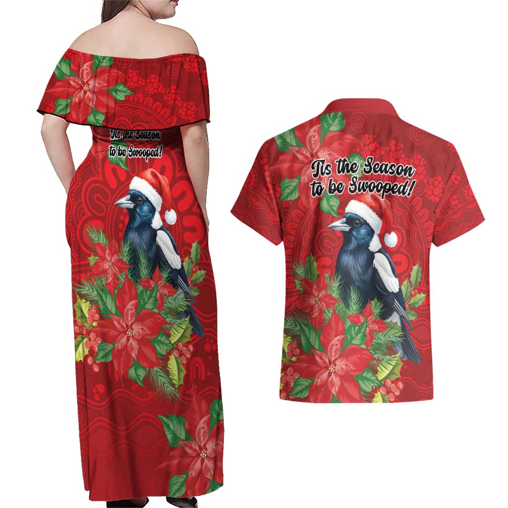 Australian Magpie Couples Matching Off Shoulder Maxi Dress and Hawaiian Shirt Aboriginal Inspired Christmas - Aussie Hoodie
