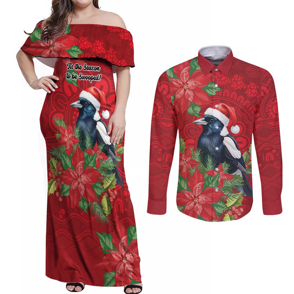 Australian Magpie Couples Matching Off Shoulder Maxi Dress and Long Sleeve Button Shirt Aboriginal Inspired Christmas - Aussie Hoodie