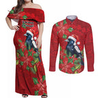 Australian Magpie Couples Matching Off Shoulder Maxi Dress and Long Sleeve Button Shirt Aboriginal Inspired Christmas - Aussie Hoodie