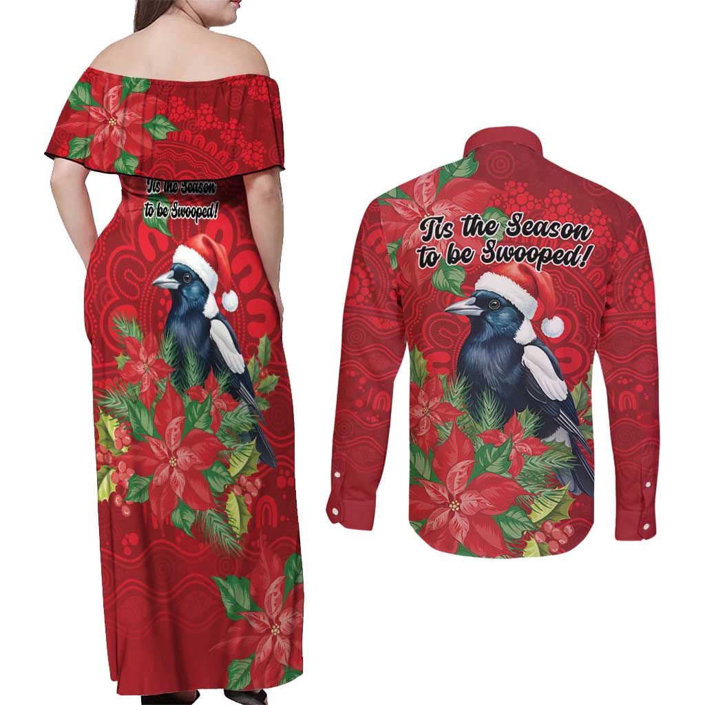 Australian Magpie Couples Matching Off Shoulder Maxi Dress and Long Sleeve Button Shirt Aboriginal Inspired Christmas - Aussie Hoodie