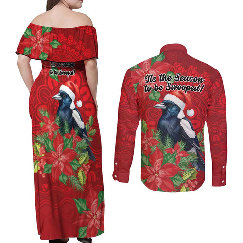 Australian Magpie Couples Matching Off Shoulder Maxi Dress and Long Sleeve Button Shirt Aboriginal Inspired Christmas - Aussie Hoodie