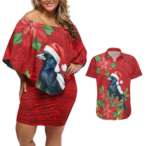Australian Magpie Couples Matching Off Shoulder Short Dress and Hawaiian Shirt Aboriginal Inspired Christmas - Aussie Hoodie
