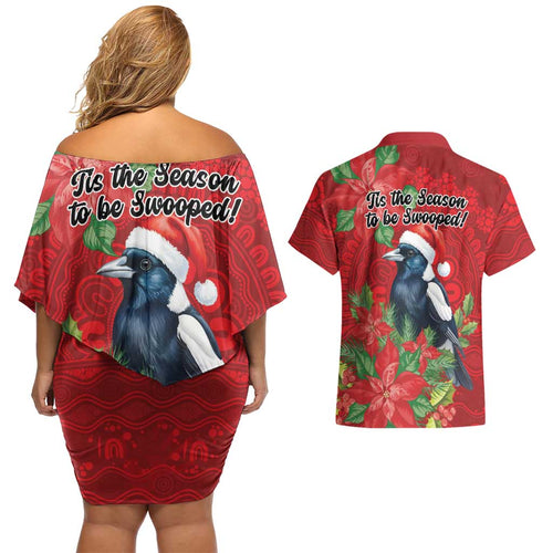 Australian Magpie Couples Matching Off Shoulder Short Dress and Hawaiian Shirt Aboriginal Inspired Christmas - Aussie Hoodie