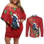 Australian Magpie Couples Matching Off Shoulder Short Dress and Long Sleeve Button Shirt Aboriginal Inspired Christmas - Aussie Hoodie