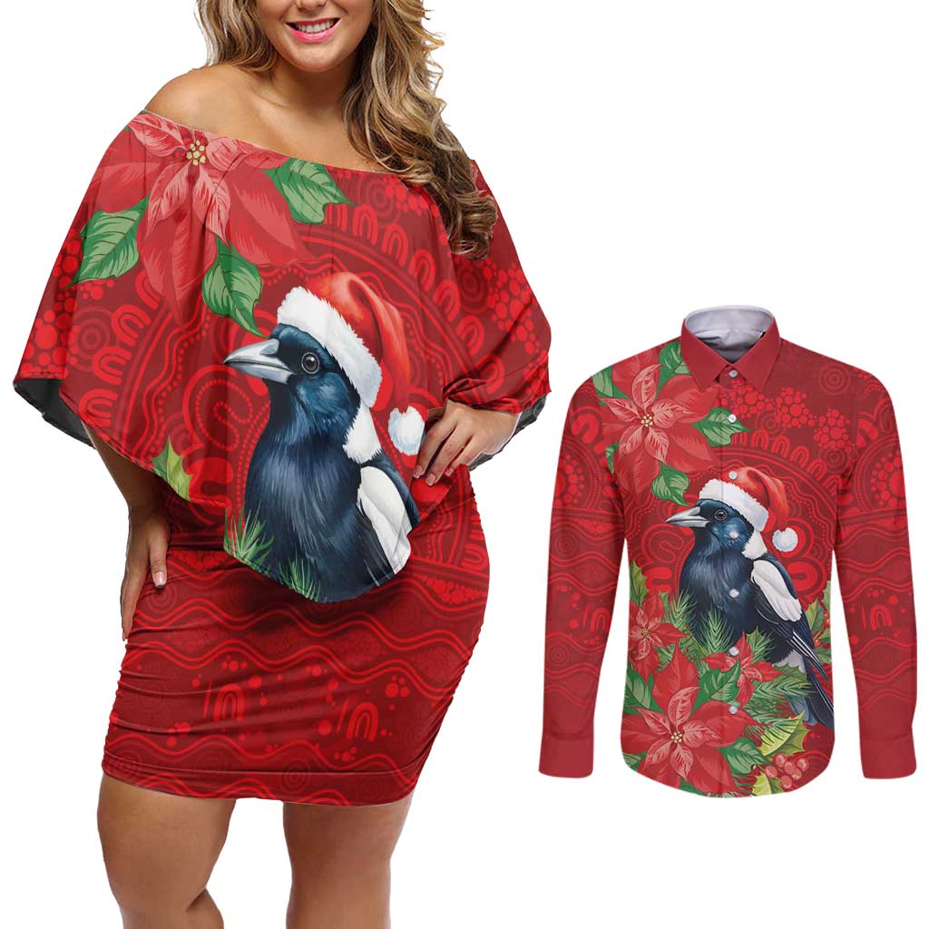 Australian Magpie Couples Matching Off Shoulder Short Dress and Long Sleeve Button Shirt Aboriginal Inspired Christmas - Aussie Hoodie