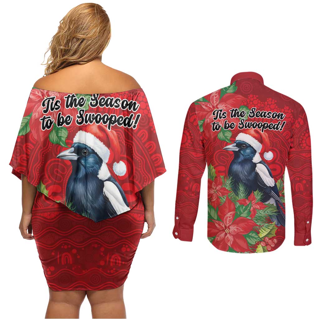 Australian Magpie Couples Matching Off Shoulder Short Dress and Long Sleeve Button Shirt Aboriginal Inspired Christmas - Aussie Hoodie