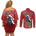 Australian Magpie Couples Matching Off Shoulder Short Dress and Long Sleeve Button Shirt Aboriginal Inspired Christmas - Aussie Hoodie