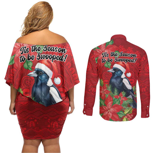 Australian Magpie Couples Matching Off Shoulder Short Dress and Long Sleeve Button Shirt Aboriginal Inspired Christmas - Aussie Hoodie