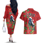 Australian Magpie Couples Matching Off The Shoulder Long Sleeve Dress and Hawaiian Shirt Aboriginal Inspired Christmas - Aussie Hoodie